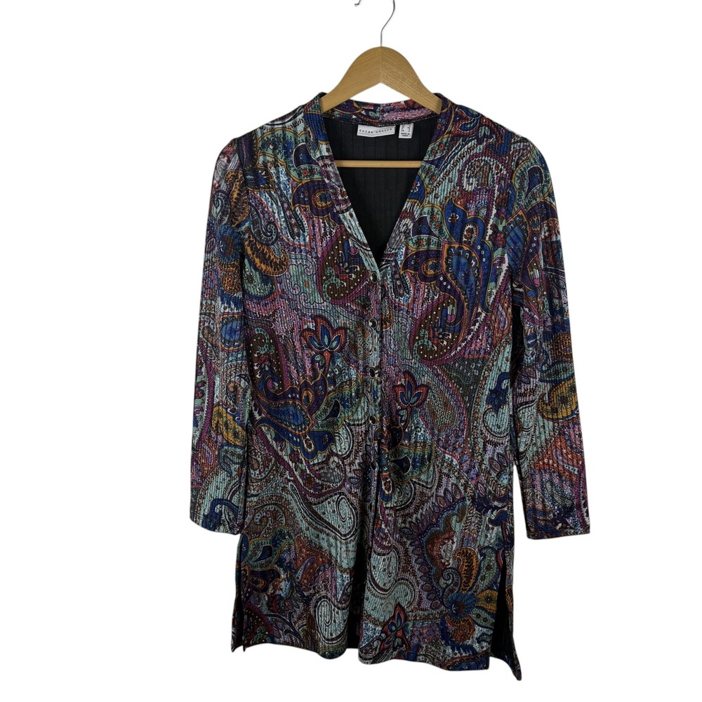 Susan Graver Paisley Ribbed Knit Button Front Cardigan Size XS Multicolor Boho